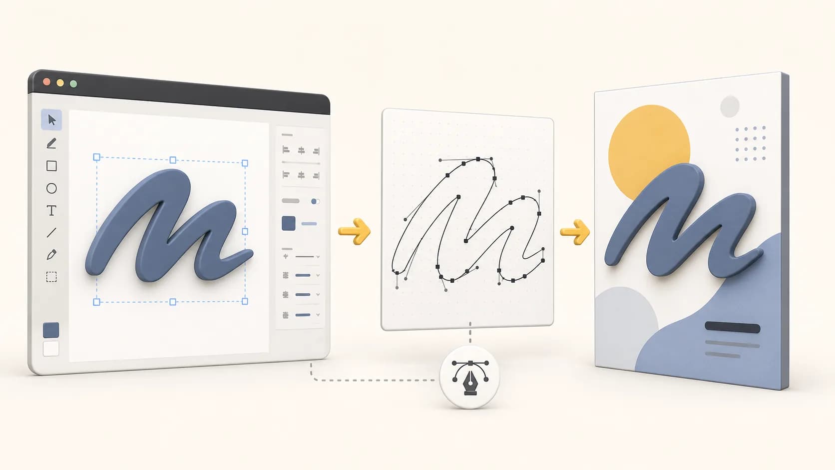 Workflow von editierbarer Schrift über SVG-Pfade bis zum Design-Ergebnis